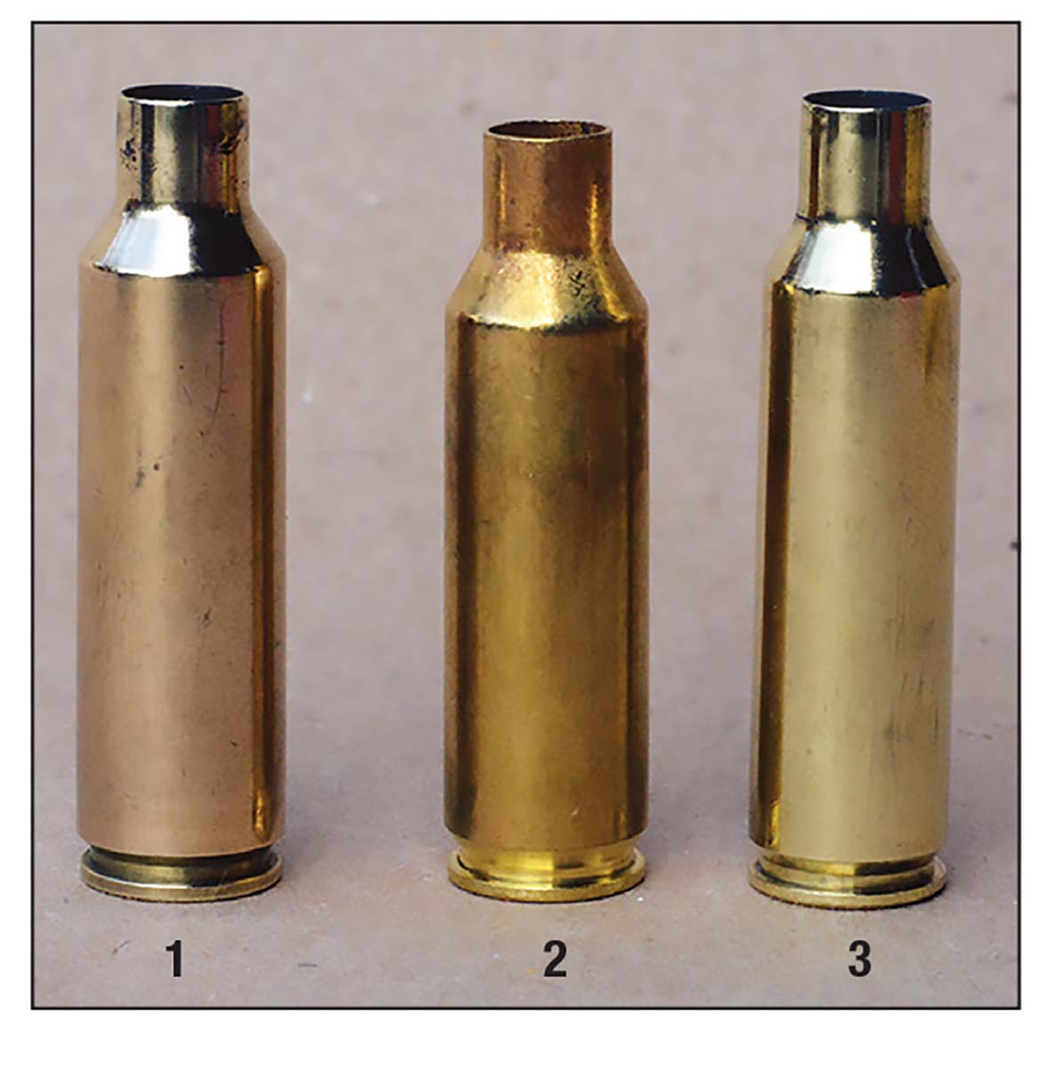 The .30-caliber short magnums feature short, fat cases and are designed to function in 308 Winchester actions: (1) 300 WSM, (2) 300 RSAUM and (3) 300 RCM.